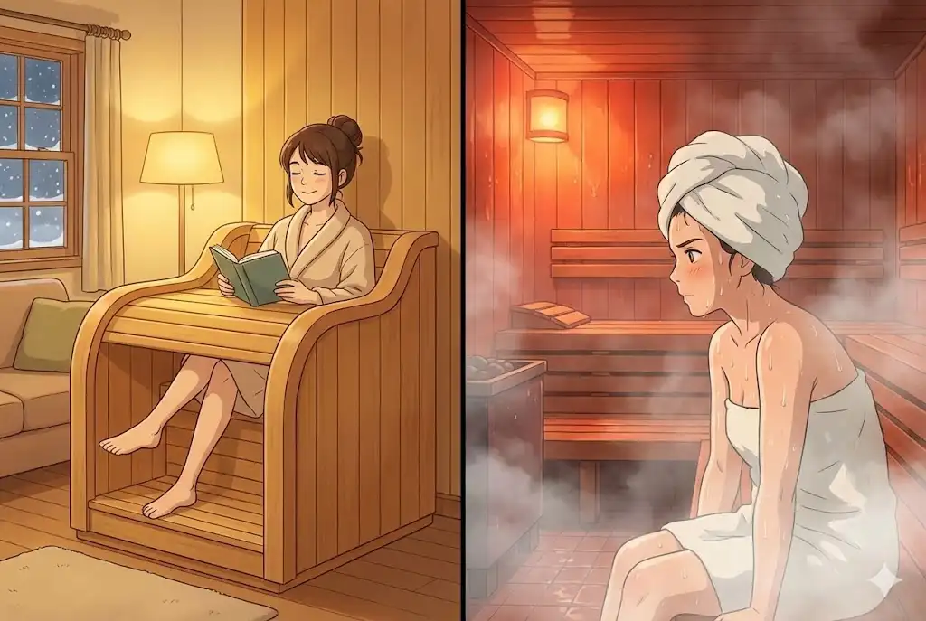 건식 사우나와 습식 사우나를 비교하는 귀여운 일러스트