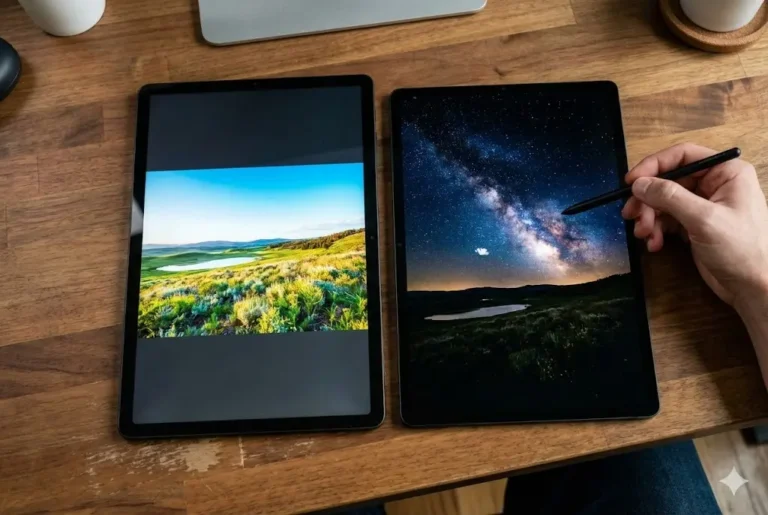 갤럭시탭 LCD 모델과 OLED 모델 화면을 나란히 놓고 명암비와 색감을 비교하는 실제 사진. S펜이 OLED 화면을 가리키고 있음.