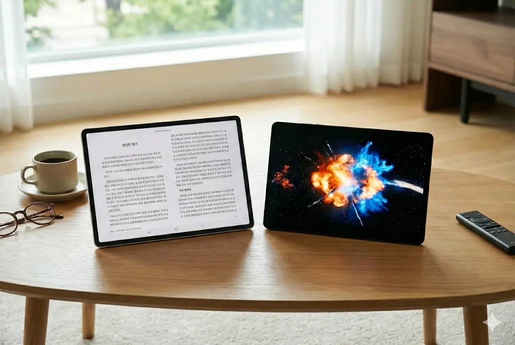 갤럭시탭 LCD 모델(왼쪽, 전자책 화면)과 OLED 모델(오른쪽, 영화 화면)의 화질 비교 실사 사진