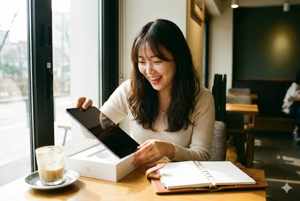 새 태블릿을 개봉하며 기뻐하는 30대 개인사업자 모습