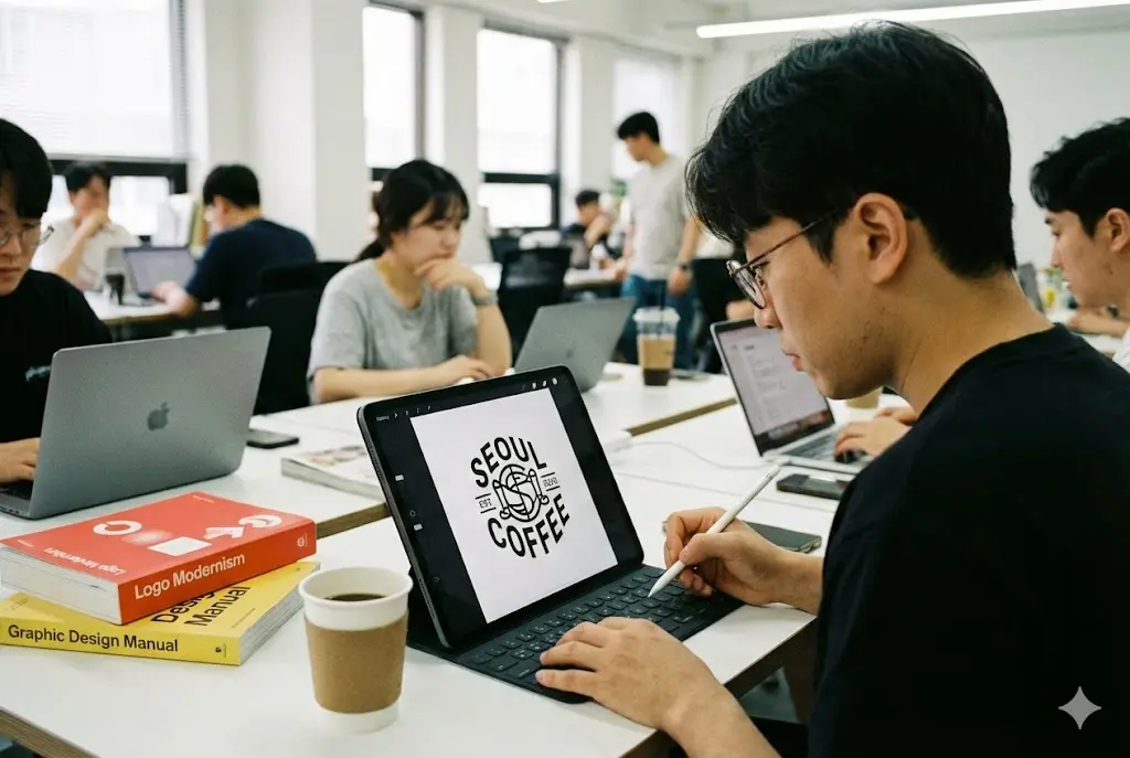 공유 오피스에서 아이패드로 디자인 업무를 보고 있는 프리랜서 사업가
