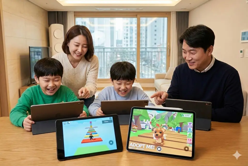 로블록스 게임 화면이 띄워진 다양한 종류의 태블릿 PC를 사용하며 즐거워하는 한국인 가족과 아이들의 모습