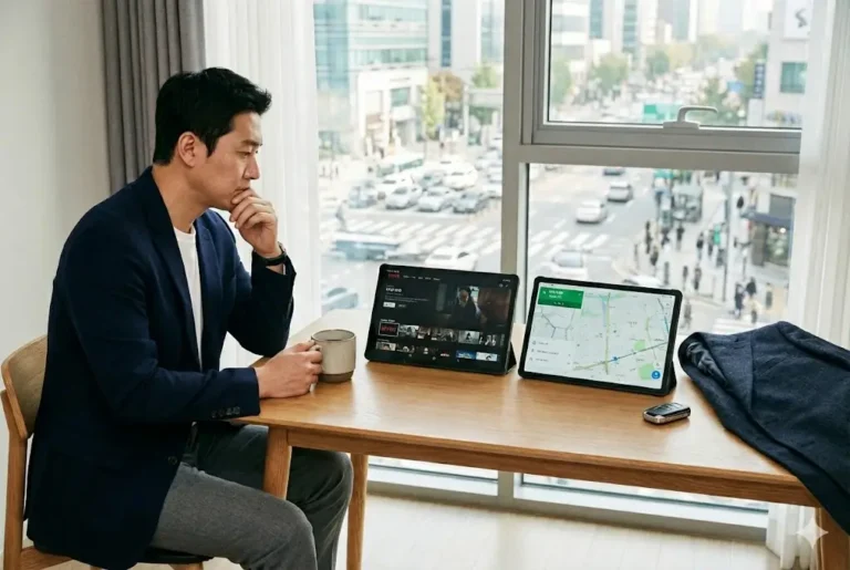 갤럭시탭 Wi-Fi 모델과 5G 모델을 두고 고민하는 한국 30대 남성 직장인의 모습. 왼쪽 태블릿은 실내 와이파이 환경을, 오른쪽 태블릿은 야외 5G 및 내비게이션 환경을 상징한다.