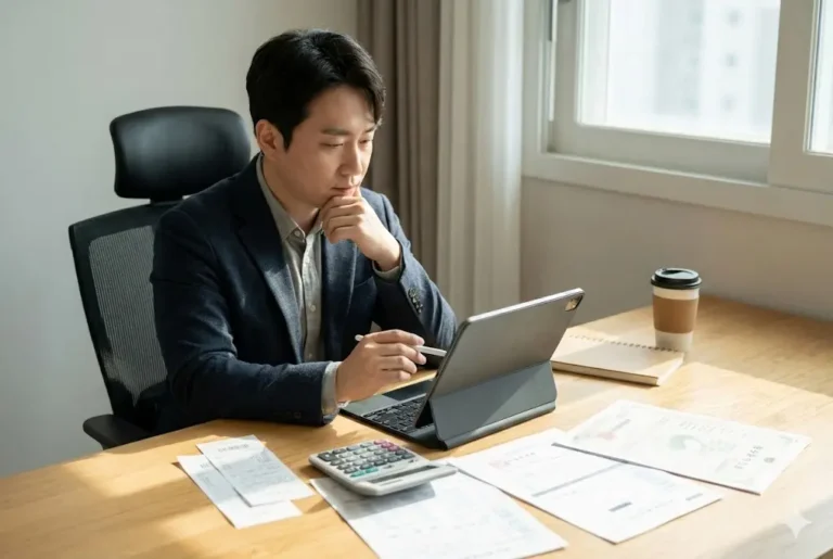 개인사업자가 사무실 책상에서 태블릿과 영수증을 보며 부가세 환급을 고민하는 모습. 간이과세자와 일반과세자의 차이에 대한 정보가 담긴 블로그 글의 썸네일.