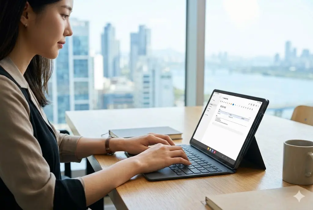 서울의 현대적인 사무실에서 갤럭시탭 S10 FE 플러스와 삼성 정품 북커버 키보드 케이스를 사용하여 작업하는 한국 여성을 담은 실사 사진