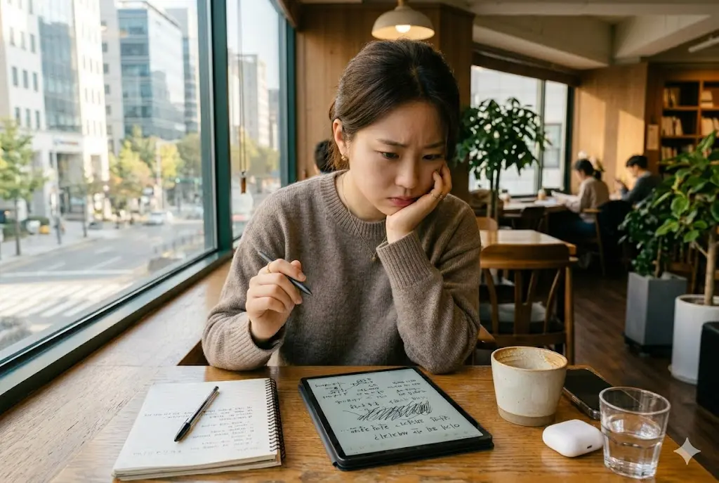 한국 스터디 카페에서 필기용 태블릿을 사용하며 고민하는 대학생의 모습. 가벼운 필기용 태블릿 구매 후회 주제 블로그 썸네일