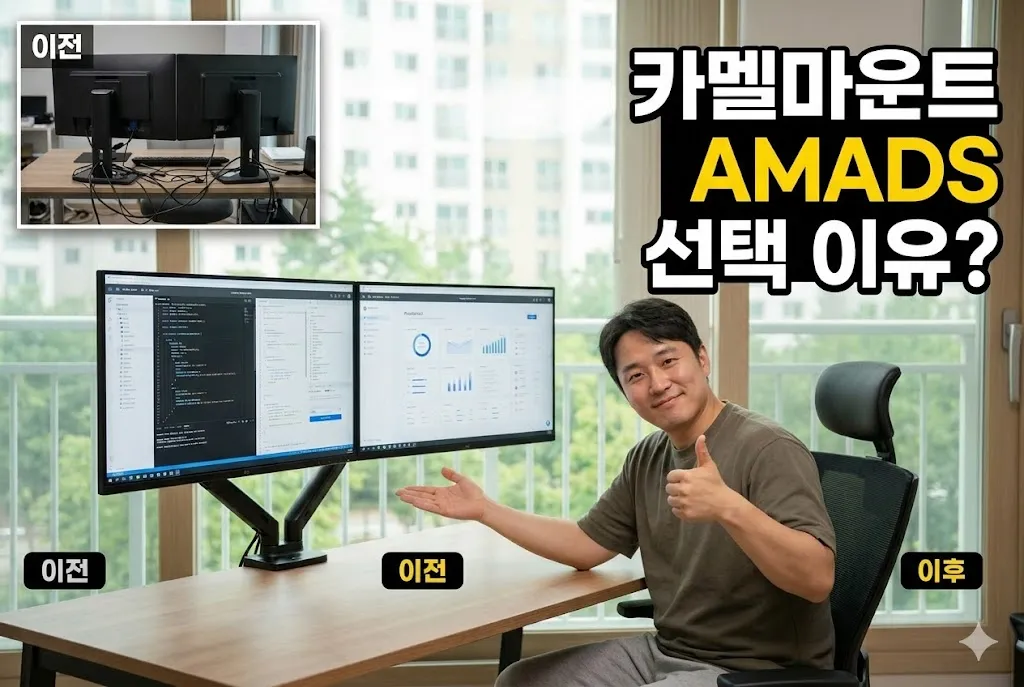카멜마운트 AMADS 듀얼 모니터암을 설치하여 넓고 깔끔해진 한국 가정의 책상 인쇄 전후 비교 및 사용자의 만족스러운 모습