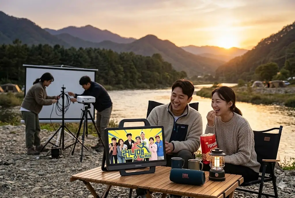 "한국 캠핑장에서 설치가 번거로운 대형 빔프로젝터 스크린 대신 캠핑 테이블 위에 간편하게 놓고 사용하는 더함 포터블 TV를 즐기는 한국인 부부의 모습. 실사 같은 캠핑 사진 썸네일."