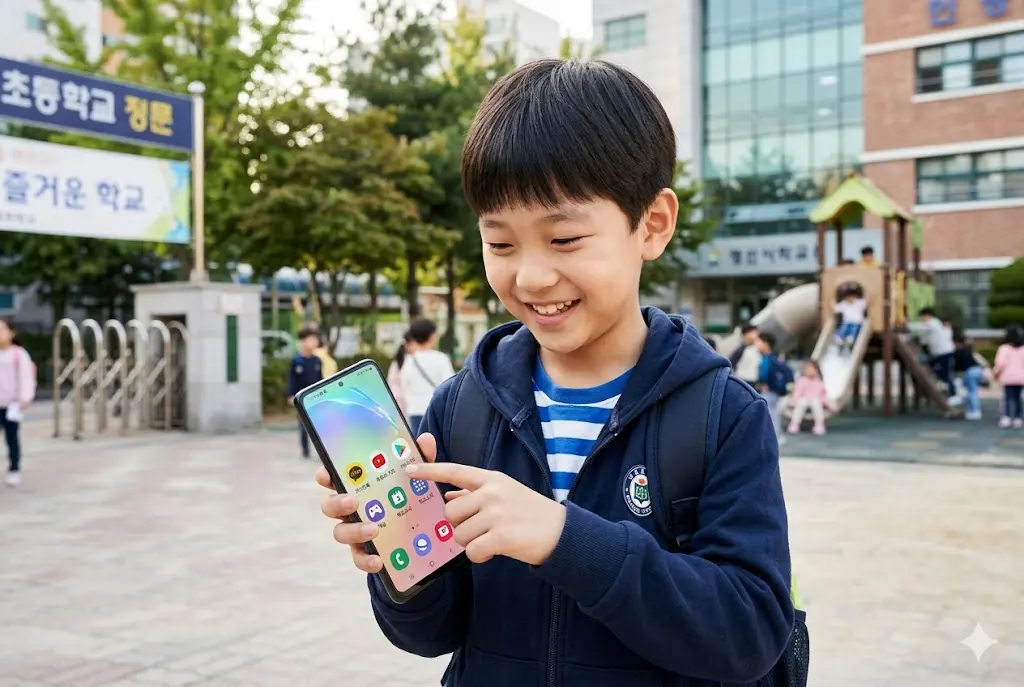 한국의 초등학생 남아가 학교 운동장에서 일반적인 세련된 디자인의 스마트폰(갤럭시 A 시리즈 스타일)을 들고 환하게 웃으며 바라보는 모습. 키즈폰 대신 일반 핸드폰을 사용하는 즐거움과 만족감을 표현한 이미지.