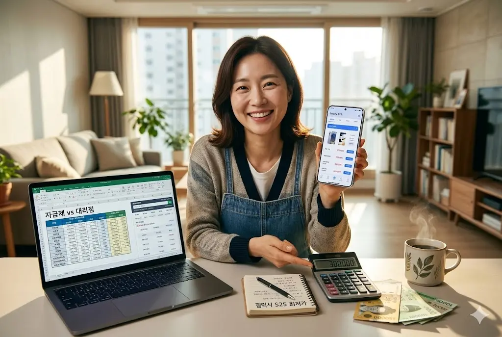 "한국 거실에서 계산기와 노트북을 사용하여 갤럭시 S25 자급제 가격을 비교하며 30만 원을 절약하고 기뻐하는 한국 여성의 모습. 실사 사진."