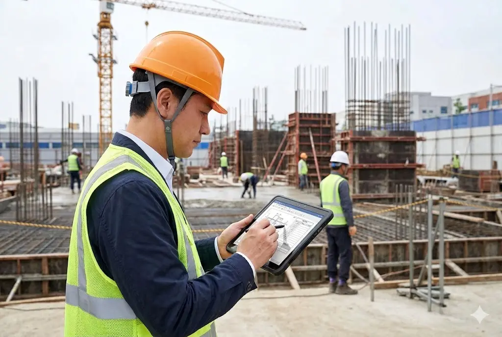 건설 현장에서 갤럭시탭 액티브 5 프로를 사용하여 도면을 확인하는 한국인 감리 전문가의 모습