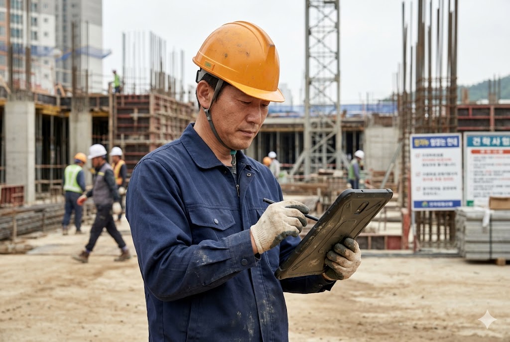 건설 현장에서 S펜을 사용해 갤럭시탭 액티브 5 러기드 태블릿으로 작업 지시서를 확인하는 한국인 남성 작업자