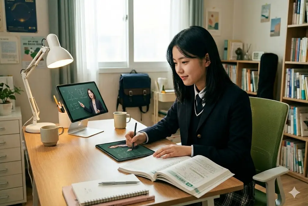 공부방 책상 앞에서 갤럭시탭 S10 FE 플러스로 인터넷 강의를 들으며 S펜으로 필기하는 한국 고등학생의 모습