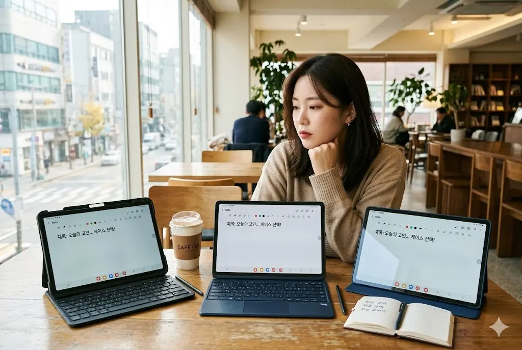 "Galaxy Tab S10 FE Plus용 정품 키보드 케이스와 저렴한 타사 키보드 케이스, 북커버를 비교 분석하는 여성의 모습. 썸네일 이미지."