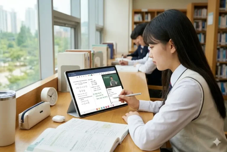 도서관 창가 자리에서 갤럭시탭 S10 FE+와 S펜을 사용하여 인터넷 강의를 시청하며 효율적으로 공부하는 한국 학생의 실사 사진.