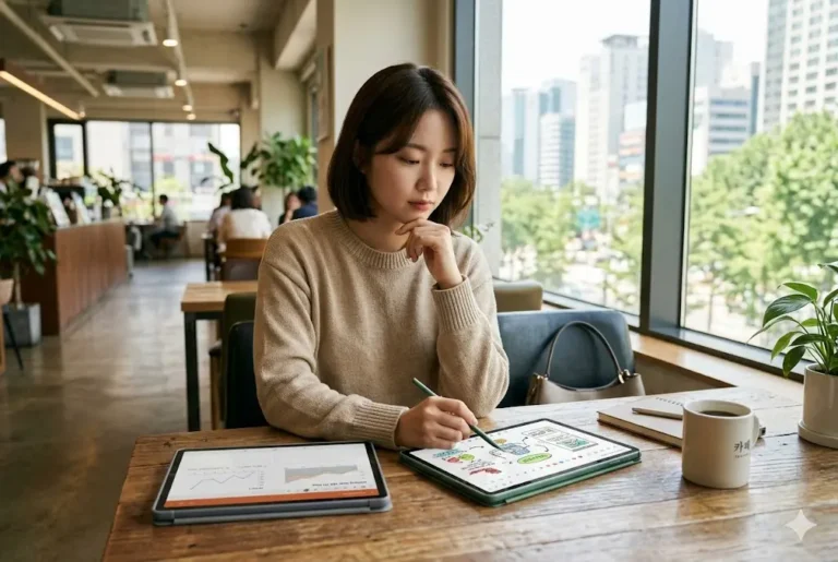 카페에서 삼성 갤럭시탭 S10 FE 플러스와 갤럭시탭 A11 플러스 모델을 놓고 비교하는 한국 여성의 모습