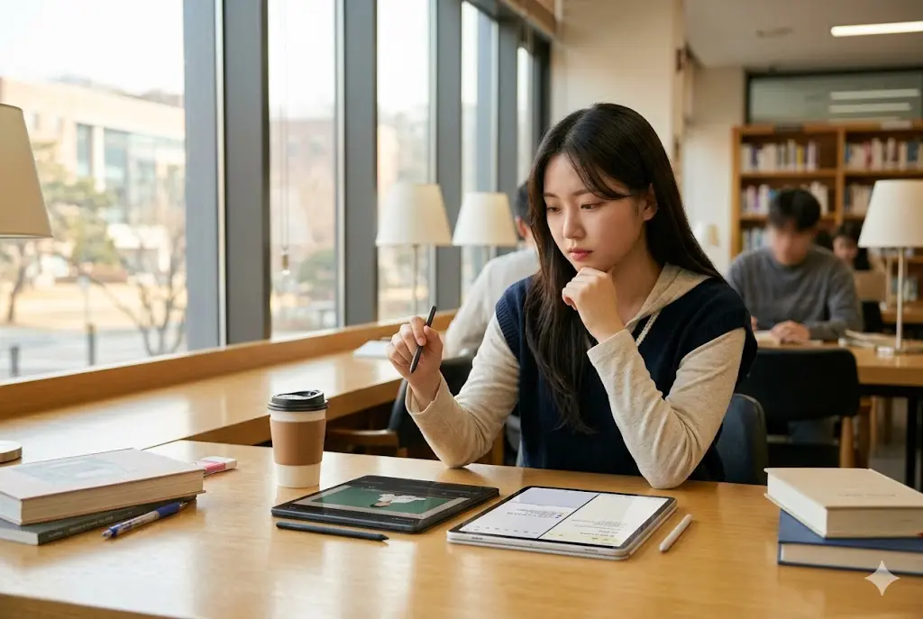 갤럭시탭 S10 FE와 S10 FE+의 크기를 비교하며 선택을 고민하는 한국인 대학생 모델