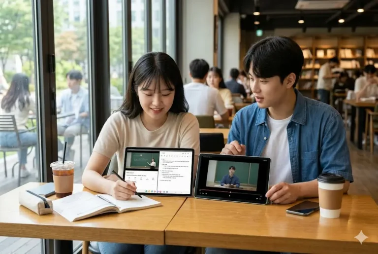 서울의 한 대학교 카페에서 한국 대학생 두 명이 삼성 갤럭시 탭 S11 울트라와 갤럭시 탭 S10 FE 플러스를 나란히 놓고 비교하며 사용해보고 있다. 왼쪽 학생은 더 큰 울트라 모델을, 오른쪽 학생은 FE 플러스 모델을 들고 있으며, 화면의 차이점과 특징을 진지하게 논의하는 모습.