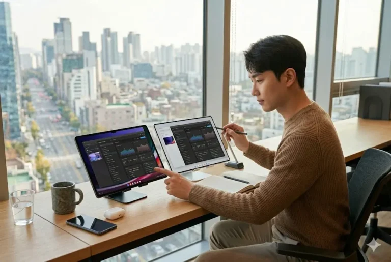 서울 사무실 데스크 위 갤럭시탭 S11 울트라와 S10 울트라 두 대를 나란히 비교하며 분석하는 한국 남성