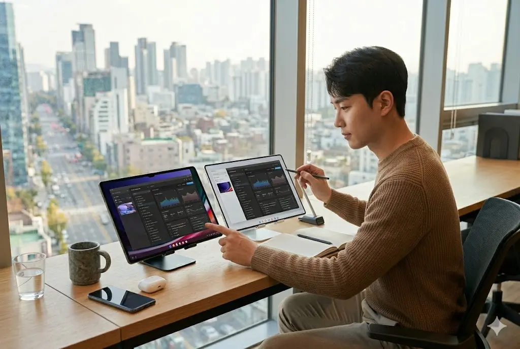 서울 사무실 데스크 위 갤럭시탭 S11 울트라와 S10 울트라 두 대를 나란히 비교하며 분석하는 한국 남성