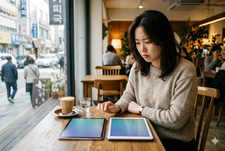 서울 카페에서 갤럭시탭 S11 기본 모델과 S10 FE 일반 모델을 놓고 디자인과 크기를 비교하며 고민하는 한국 여성의 모습
