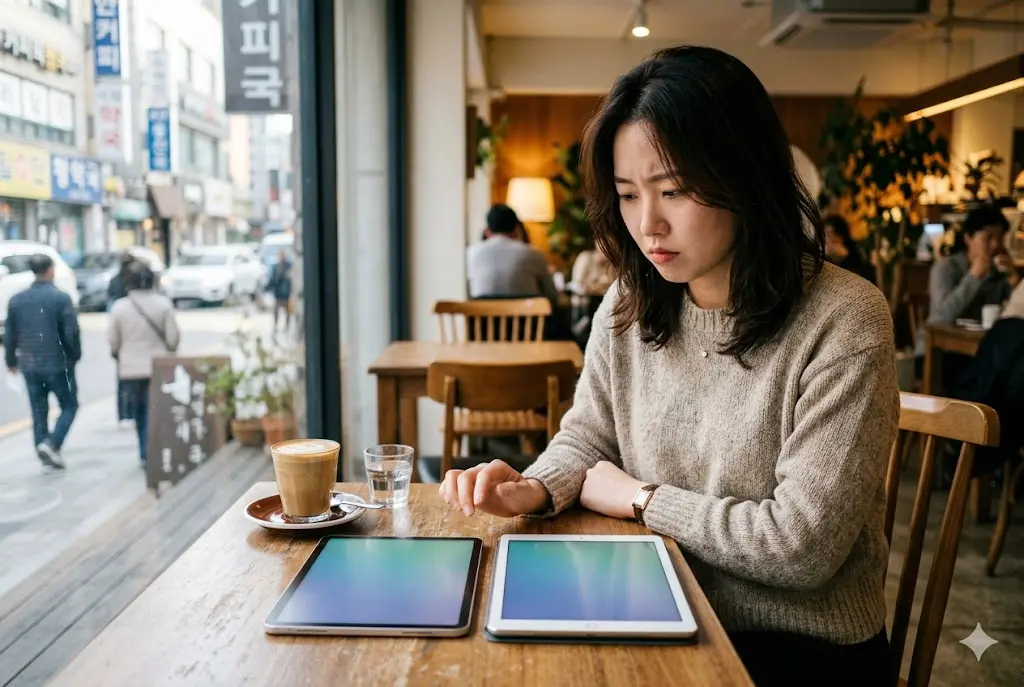 서울 카페에서 갤럭시탭 S11 기본 모델과 S10 FE 일반 모델을 놓고 디자인과 크기를 비교하며 고민하는 한국 여성의 모습