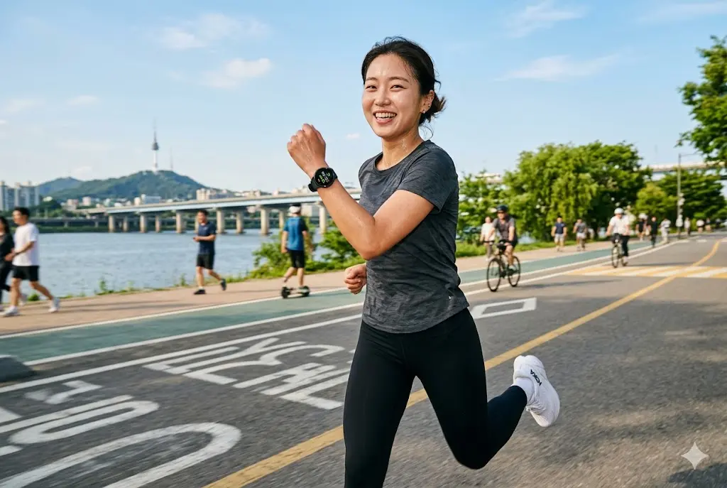 갤럭시워치 40mm를 착용한 한국 여성이 한강변에서 달리는 모습. 운동 효율을 측정하는 워치 화면이 보인다.
