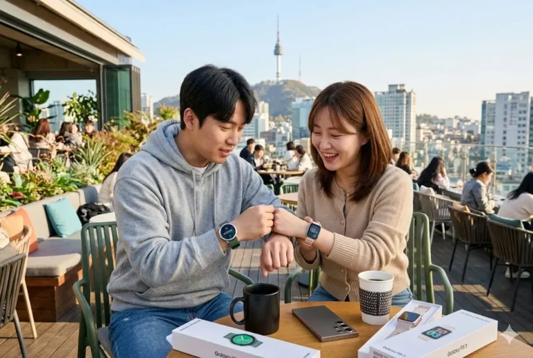 한국 카페에서 남녀가 삼성 갤럭시 워치 8과 갤럭시 핏 3 스마트워치를 손목에 차고 비교하는 모습. "갤워치8 vs 갤럭시 핏3 전격 비교!" 텍스트 포함.