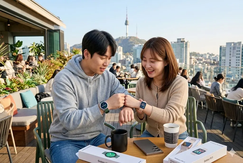 한국 카페에서 남녀가 삼성 갤럭시 워치 8과 갤럭시 핏 3 스마트워치를 손목에 차고 비교하는 모습. "갤워치8 vs 갤럭시 핏3 전격 비교!" 텍스트 포함.