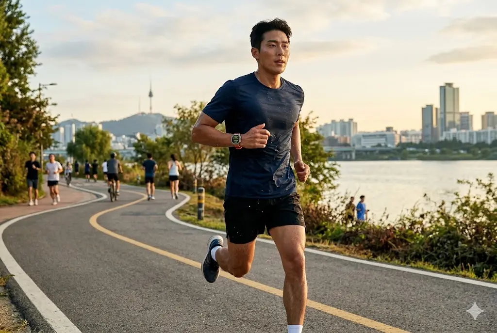 서울 한강 변에서 달리는 남성과 러닝 데이터가 표시된 갤럭시 워치 울트라 모델 상세 컷
