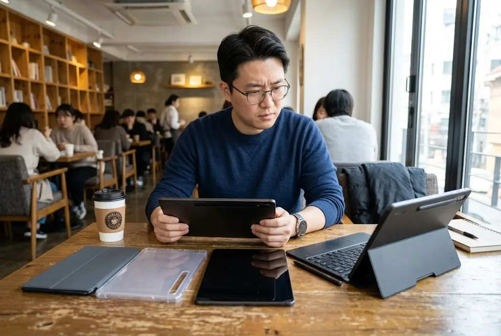 갤럭시탭 S11 울트라 정품 키보드 북커버와 일반 케이스를 비교하며 고민하는 한국인 남성의 카페 이미지