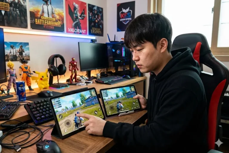 한국인 게이머가 삼성 갤럭시탭 S11 울트라와 다른 고사양 게이밍 태블릿으로 배틀그라운드 모바일 게임을 플레이하며 성능을 비교하는 모습. 두 기기 화면에는 화려한 게임 장면이 펼쳐져 있으며, 게이머는 집중하고 있다.