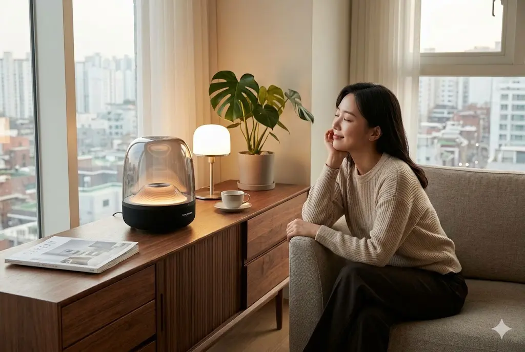 현대적인 한국 아파트 거실 인테리어. 하만카돈 오라스튜디오 무드등 블루투스 스피커 옆에 몬스테라 식물과 함께 앉아 음악을 감상하며 휴식하는 한국 여성.