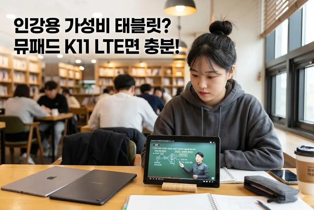 한국 스터디 카페에서 인강 시청용 아이뮤즈 뮤패드 K11 LTE를 사용하여 공부하는 학생의 모습 (아이패드와 갤럭시탭 대신 선택)