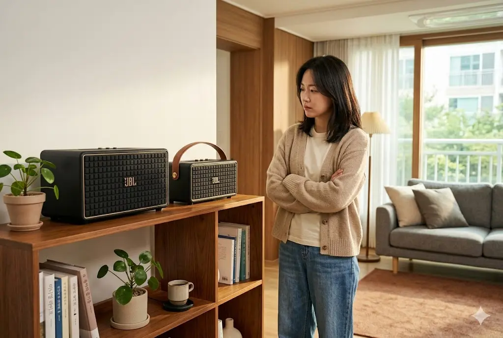 한국 가정 거실에서 한국인 여성이 JBL 어센틱 500과 300 블루투스 스피커를 비교하며 고민하는 모습.