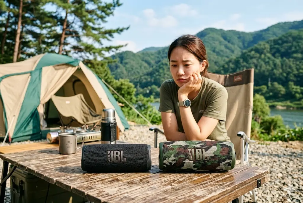 한국 캠핑장 테이블에 나란히 놓인 JBL Flip 6와 신형 JBL Flip 7 블루투스 스피커. 각 스피커에 모델명이 새겨져 있으며, 한 사람이 비교하며 고민하고 있다.