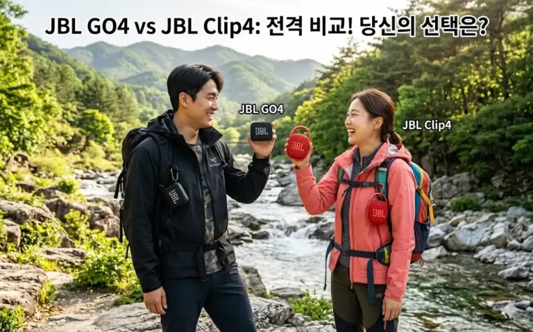 한국 계곡 배경, JBL GO4와 JBL Clip4를 비교하는 남녀, "JBL GO4 vs JBL Clip4 전격 비교!" 텍스트