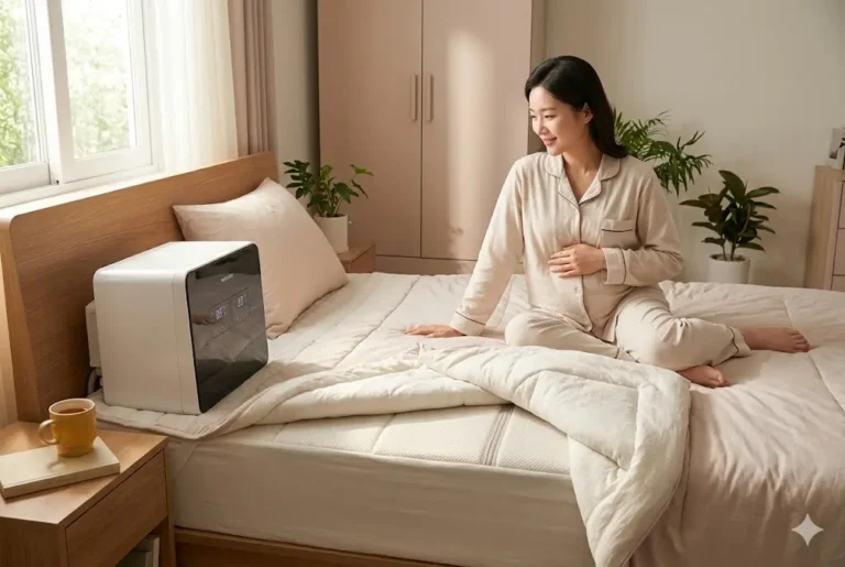 따뜻하고 아늑한 침실의 원목 침대에 앉아 분홍색 파자마를 입은 임산부가 배를 만지며 미소 짓고 있다. 옆 침대 탁자에는 머그잔과 전자 기기가 놓여 있고, 주변에 몬스테라 등 여러 실내 식물이 보인다. 창문으로 자연광이 든다.