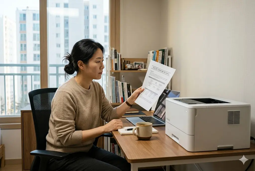 한국 가정집 서재 책상 위에서 여성이 깨끗하게 출력된 문서를 들고 가정용 레이저 프린터를 살펴보는 모습. 가정용 프린터기 추천 및 잉크젯 대비 레이저 프린터 장점 3가지 정보 제공 썸네일 이미지.