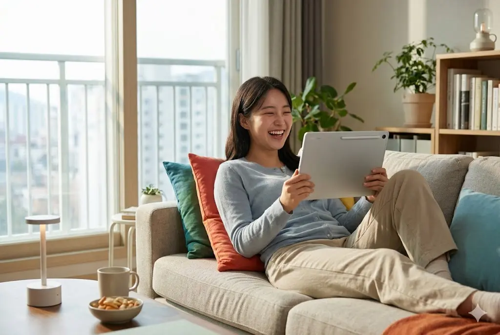 거실 소파에서 갤럭시탭 S10 FE 플러스로 영상을 시청하며 즐거워하는 한국 여성의 모습