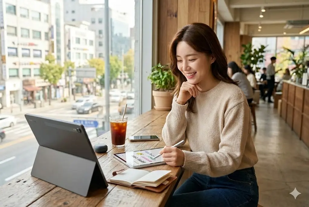 한국 카페에서 20대 여성이 삼성 갤럭시 탭 S10 Ultra 대신 S10 FE 플러스를 선택하고 S펜으로 필기하며 만족해하는 모습