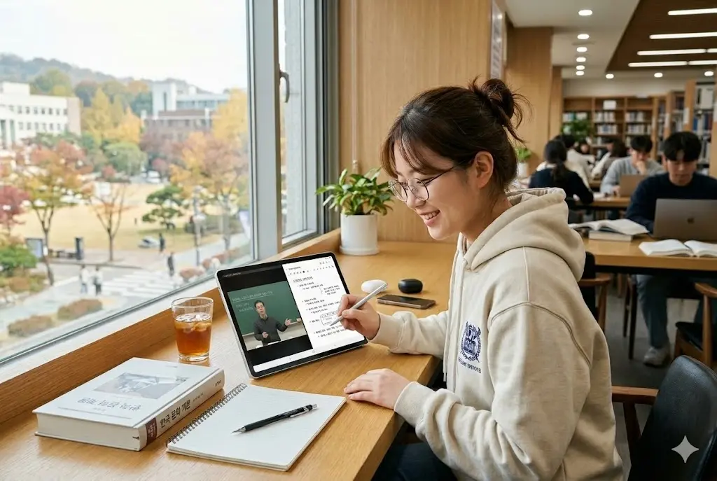 한국 대학교 도서관에서 여대생이 갤럭시 탭 S10 FE 플러스를 공부용 태블릿으로 활용하며 S펜으로 필기하고 만족해하는 모습