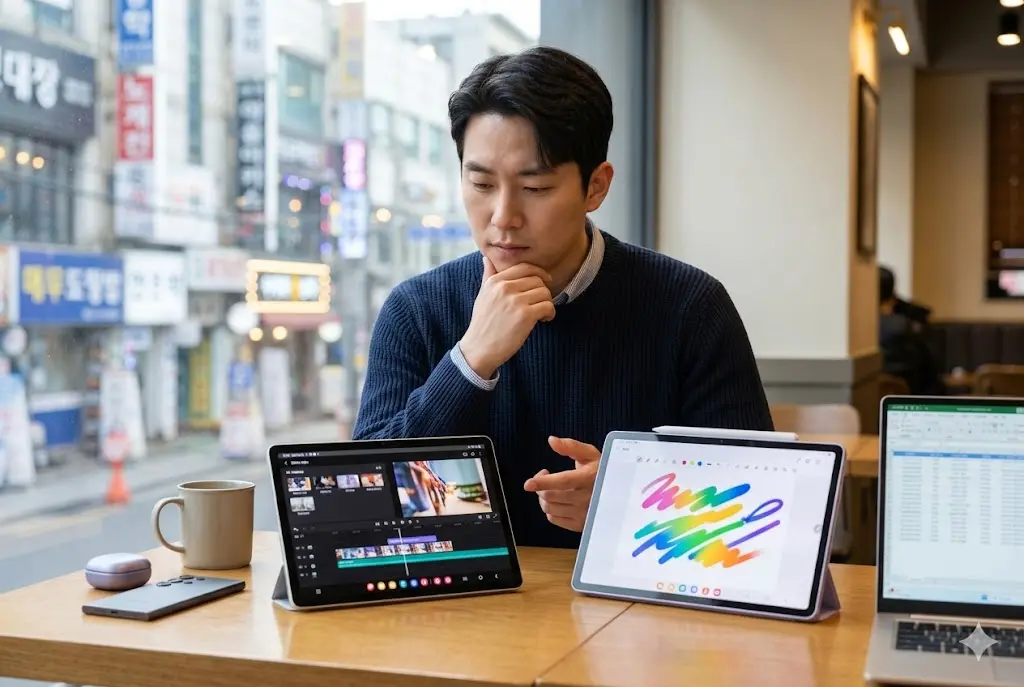 한국의 현대적인 카페 창가에 앉아 고민하는 표정의 남성이 삼성 갤럭시 탭 S11 일반 모델(영상 편집 앱 실행)과 갤럭시 탭 S10 FE+(필기 앱 및 S펜 사용)를 비교하며 손을 턱에 괴고 있다.