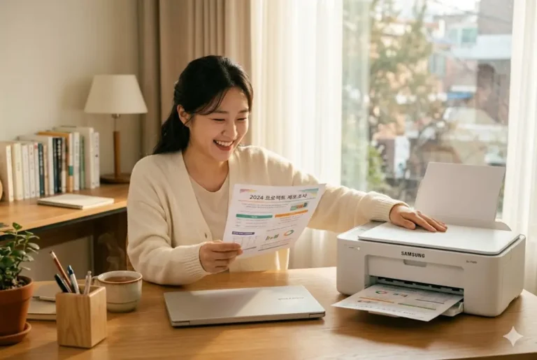 가성비가 뛰어난 6만 원대 삼성 SL-J1680 잉크젯 복합기로 만족스럽게 문서를 출력하는 한국인 여성의 모습