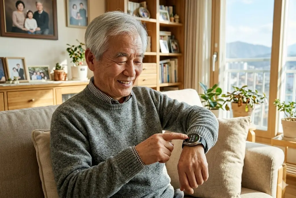 한국 시니어 남성이 손목에 44mm 갤럭시 워치를 착용하고 큰 화면의 건강 정보를 확인하는 모습