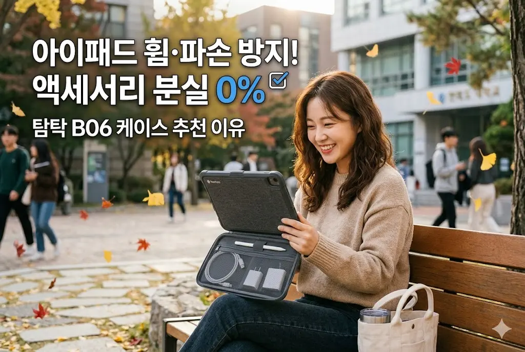 "한국 대학교 캠퍼스 벤치에 앉아 아이패드와 애플 펜슬, 충전기가 깔끔하게 수납된 튼튼한 탐탁 B06 케이스를 들고 미소 짓는 여성의 모습이 담긴 썸네일 이미지"