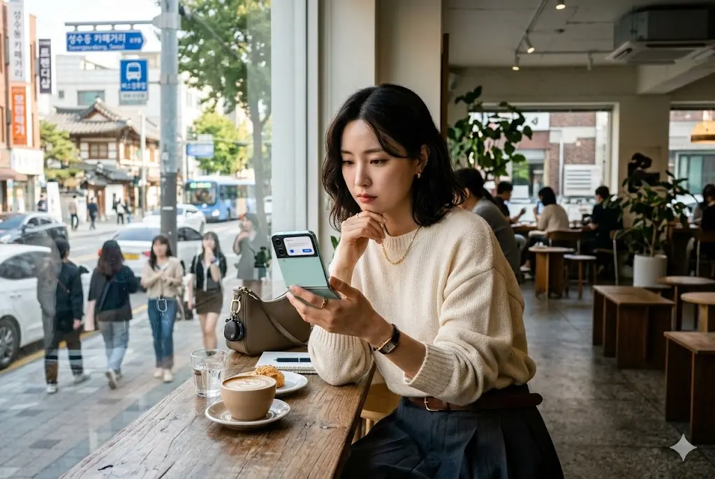 한국 여성이 Z 플립7 스마트폰의 용량을 고민하며 '256GB'와 '512GB' 숫자 아이콘과 수많은 사진, 영상 콘텐츠에 둘러싸인 모습을 담은 사진. 대용량 스토리지 추천 썸네일.