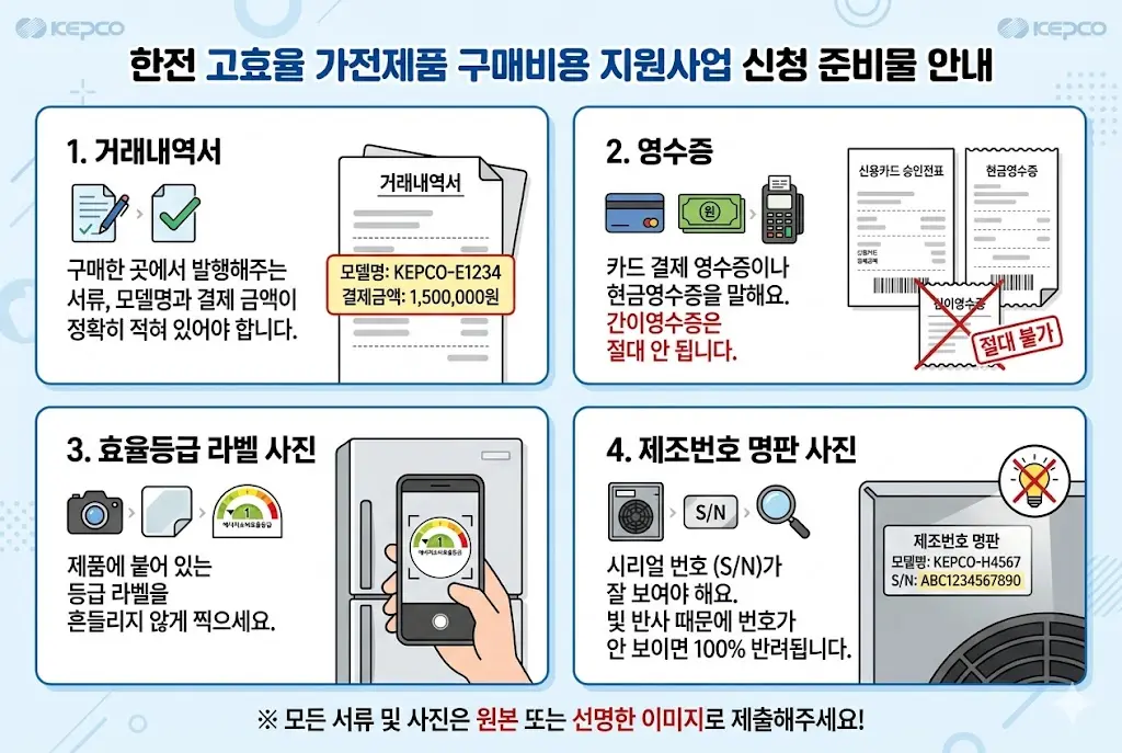 한전 고효율 가전제품 구매비용 지원사업 신청에 필요한 4가지 필수 서류 안내 인포그래픽. 1. 모델명과 금액이 명시된 거래내역서, 2. 카드/현금영수증(간이영수증 불가), 3. 에너지 소비효율 등급 라벨 사진, 4. 빛 반사 없이 선명한 제조번호 명판(S/N) 사진 설명
