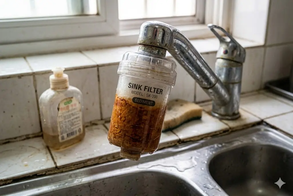 오래된 아파트에서 나오는 녹물 때문에 싱크대 필터를 사용했지만 일주일 뒤 필터가 붉게 변한 모습