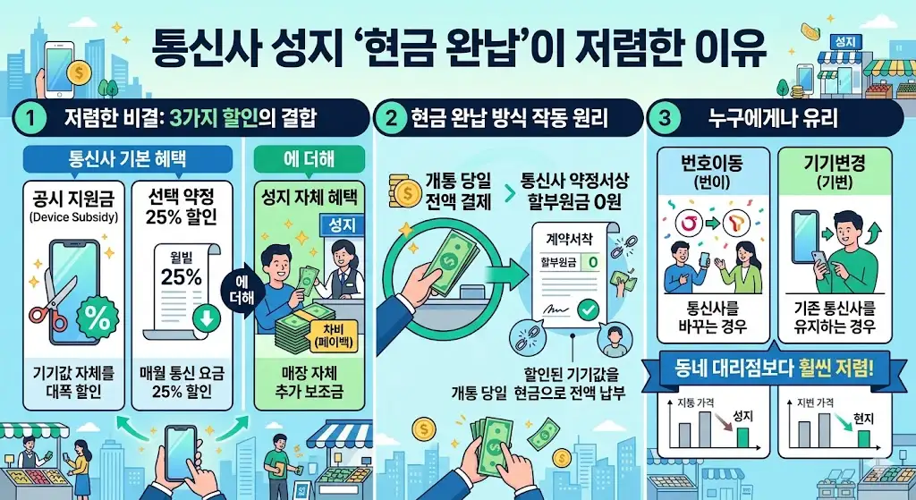 통신사 성지의 현금 완납 작동 원리와 가격 장점을 설명하는 인포그래픽. 공시지원금, 선택약정, 매장 자체 추가 보조금을 결합해 할부원금 0원을 만들어 동네 대리점보다 훨씬 저렴하게 구매할 수 있음을 보여줍니다.